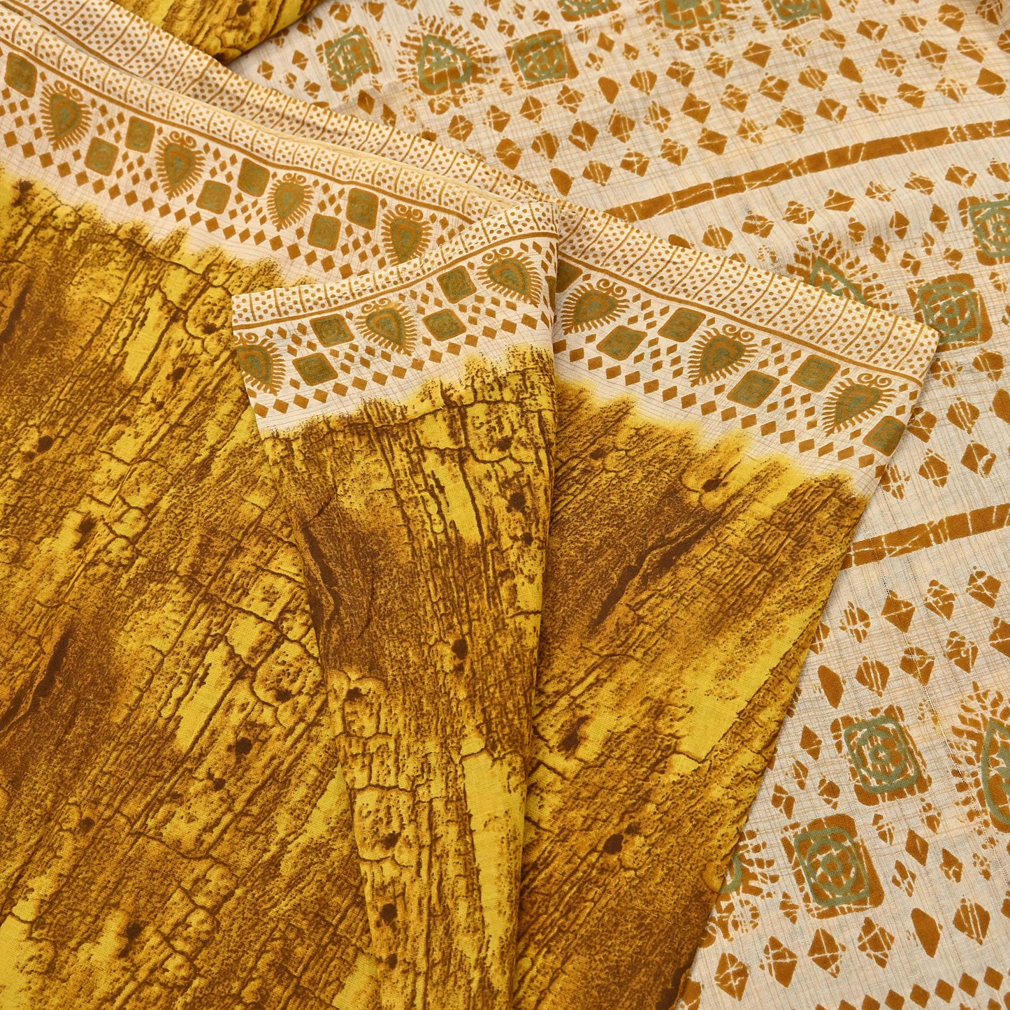 Indian Vintage Ivory & Yellow Saree Printed Pure Cotton Sari Craft Fabric 5Yd Soft Sewing Sarong Wrap Boho Floral Dress making Crafting