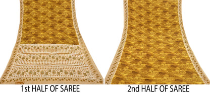 Indian Vintage Ivory & Yellow Saree Printed Pure Cotton Sari Craft Fabric 5Yd Soft Sewing Sarong Wrap Boho Floral Dress making Crafting