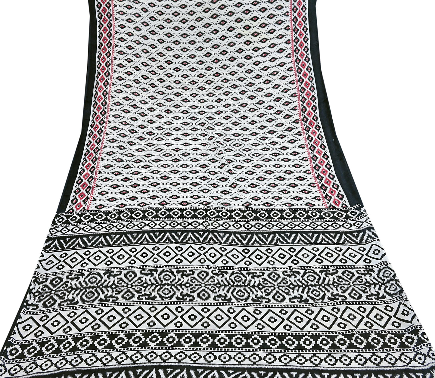 Indian Vintage White & Black Printed Pure Cotton Saree | 5 Yards | Soft Fabric for Sewing, Crafting, Quilting, Upcycling, Dressmaking, Boho