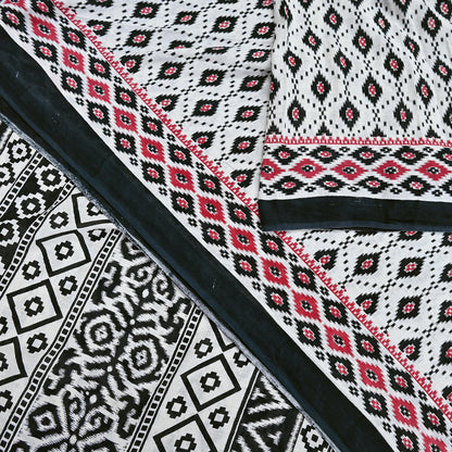 Indian Vintage White & Black Printed Pure Cotton Saree | 5 Yards | Soft Fabric for Sewing, Crafting, Quilting, Upcycling, Dressmaking, Boho