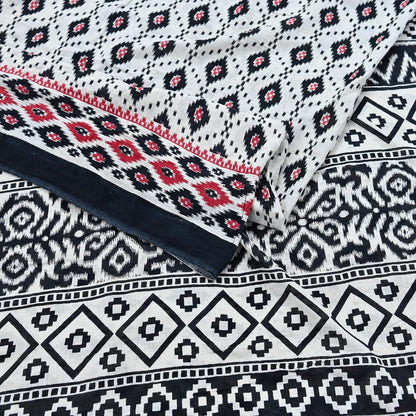 Indian Vintage White & Black Printed Pure Cotton Saree | 5 Yards | Soft Fabric for Sewing, Crafting, Quilting, Upcycling, Dressmaking, Boho