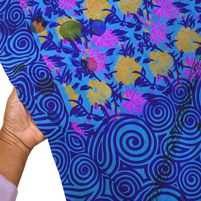 Indian Vintage blue Pure Crepe Silk Saree Floral Print 5 Yards Soft Sewing Fabric for Dressmaking, Quilting, Crafting Upcycling
