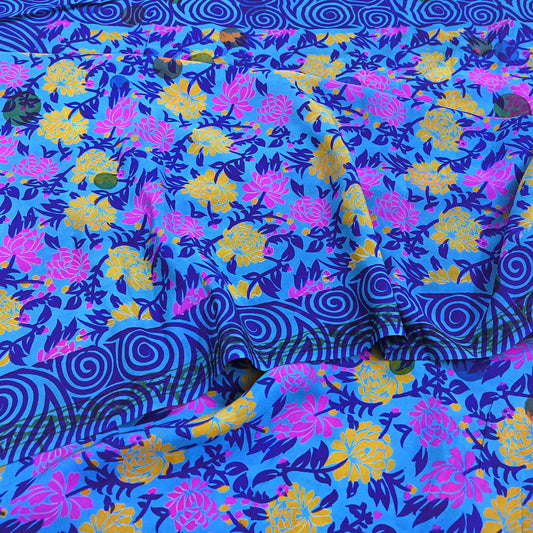 Indian Vintage blue Pure Crepe Silk Saree Floral Print 5 Yards Soft Sewing Fabric for Dressmaking, Quilting, Crafting Upcycling