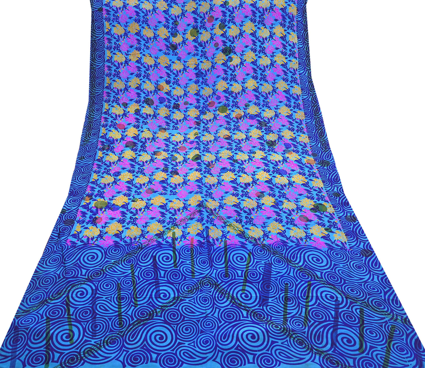 Indian Vintage blue Pure Crepe Silk Saree Floral Print 5 Yards Soft Sewing Fabric for Dressmaking, Quilting, Crafting Upcycling