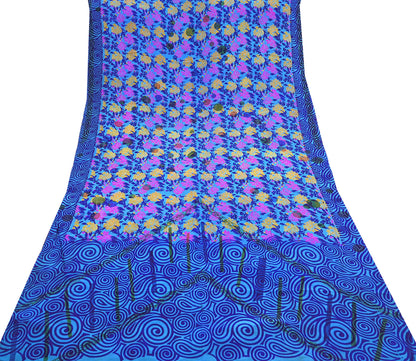 Indian Vintage blue Pure Crepe Silk Saree Floral Print 5 Yards Soft Sewing Fabric for Dressmaking, Quilting, Crafting Upcycling