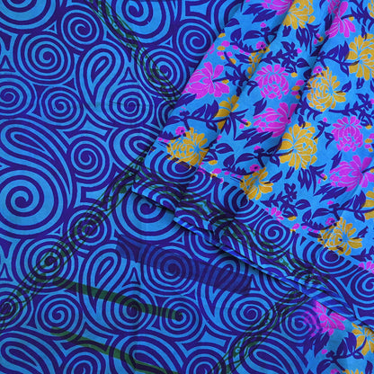 Indian Vintage blue Pure Crepe Silk Saree Floral Print 5 Yards Soft Sewing Fabric for Dressmaking, Quilting, Crafting Upcycling
