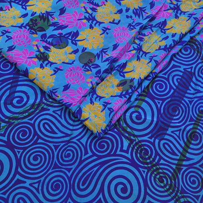 Indian Vintage blue Pure Crepe Silk Saree Floral Print 5 Yards Soft Sewing Fabric for Dressmaking, Quilting, Crafting Upcycling