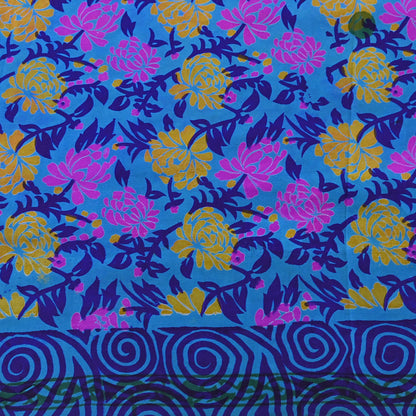 Indian Vintage blue Pure Crepe Silk Saree Floral Print 5 Yards Soft Sewing Fabric for Dressmaking, Quilting, Crafting Upcycling