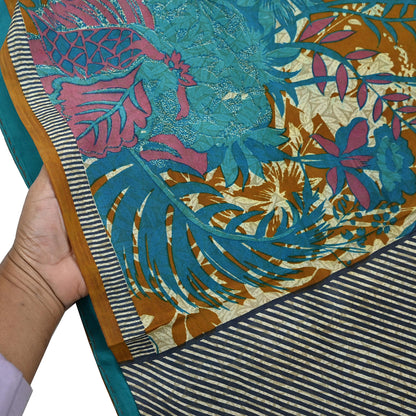 Indian Vintage Sari Ivory & Gray Pure Crepe Silk Printed Saree 5yard Sewing Quilting Floral Soft Craft Fabric Wrap