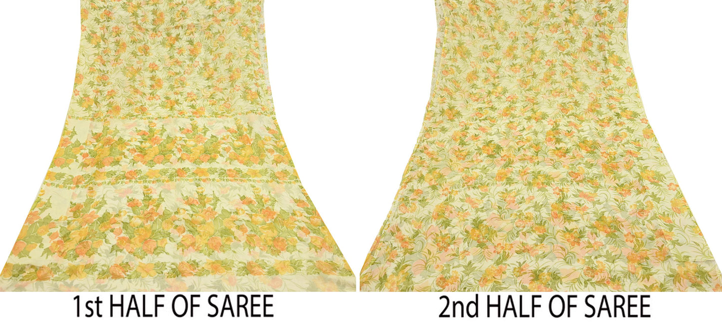 Vintage Saree Ivory Pure Chiffon Silk Printed Sari Craft Fabric Sewing 5Yard Soft quilting crafting dress making