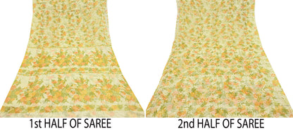 Vintage Saree Ivory Pure Chiffon Silk Printed Sari Craft Fabric Sewing 5Yard Soft quilting crafting dress making
