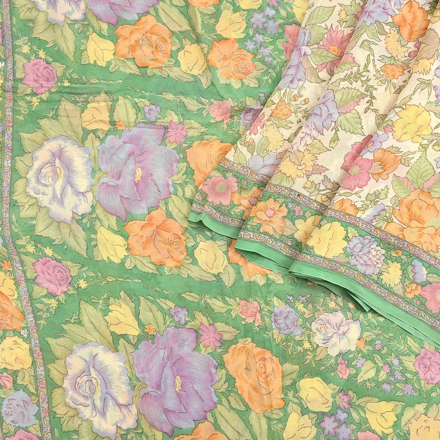 Indian Vintage Beige & Green Saree 100% Pure Georgette Silk Block Printed Sari Sewing 6yd Craft Fabric Dress Designing for Dress making