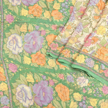 Indian Vintage Beige & Green Saree 100% Pure Georgette Silk Block Printed Sari Sewing 6yd Craft Fabric Dress Designing for Dress making