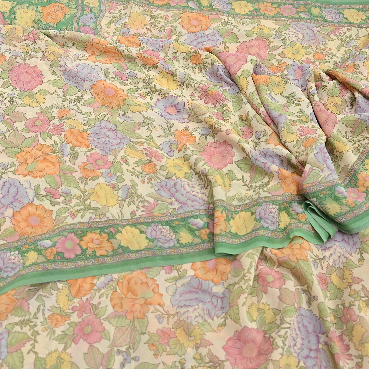 Indian Vintage Beige & Green Saree 100% Pure Georgette Silk Block Printed Sari Sewing 6yd Craft Fabric Dress Designing for Dress making