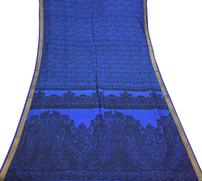 Vintage Blue Pure Silk Saree Indian Printed Silk Fabric 5 Yards Boho Craft Material for Sewing, Quilting, Dressmaking, Upcycling