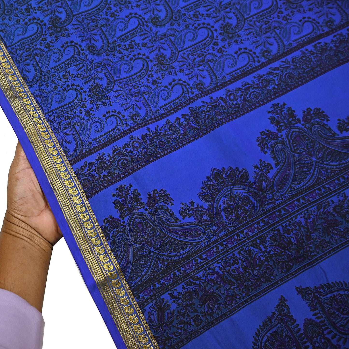 Vintage Blue Pure Silk Saree Indian Printed Silk Fabric 5 Yards Boho Craft Material for Sewing, Quilting, Dressmaking, Upcycling