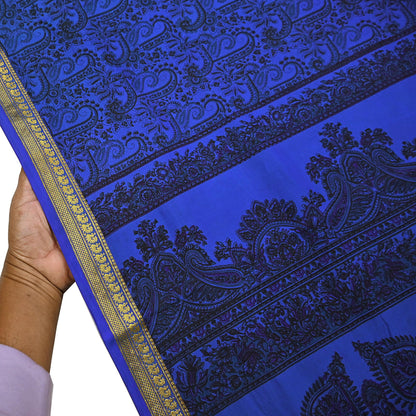Vintage Blue Pure Silk Saree Indian Printed Silk Fabric 5 Yards Boho Craft Material for Sewing, Quilting, Dressmaking, Upcycling