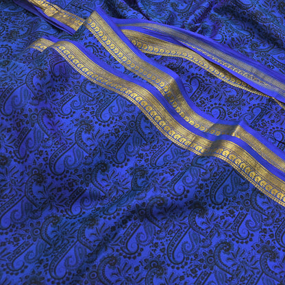 Vintage Blue Pure Silk Saree Indian Printed Silk Fabric 5 Yards Boho Craft Material for Sewing, Quilting, Dressmaking, Upcycling