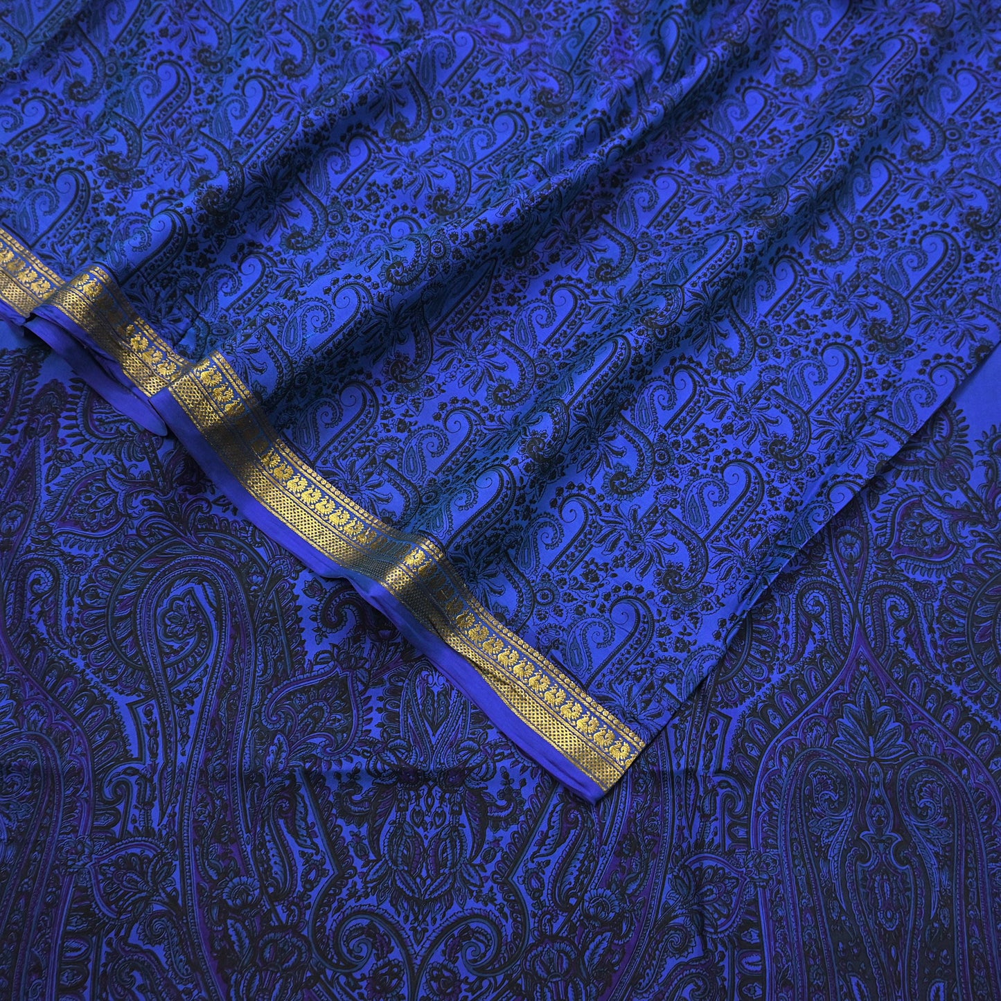 Vintage Blue Pure Silk Saree Indian Printed Silk Fabric 5 Yards Boho Craft Material for Sewing, Quilting, Dressmaking, Upcycling