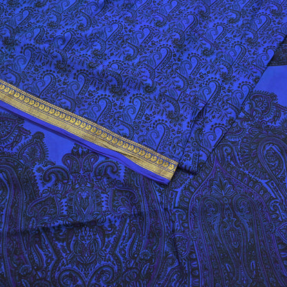 Vintage Blue Pure Silk Saree Indian Printed Silk Fabric 5 Yards Boho Craft Material for Sewing, Quilting, Dressmaking, Upcycling