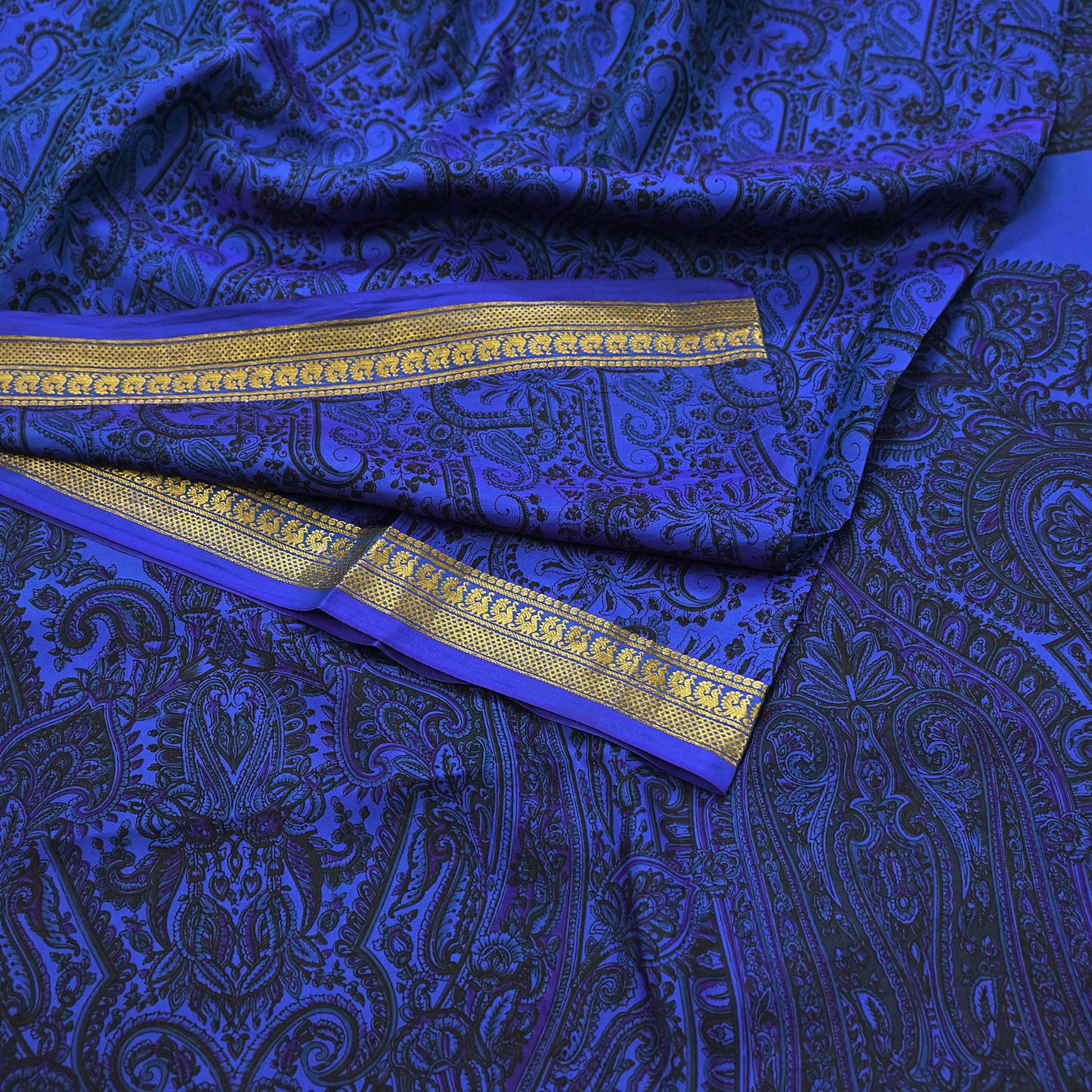 Vintage Blue Pure Silk Saree Indian Printed Silk Fabric 5 Yards Boho Craft Material for Sewing, Quilting, Dressmaking, Upcycling