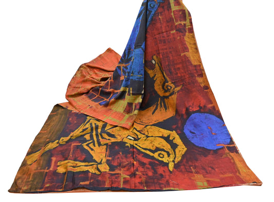 Indian Vintage Orange Saree Pure Khadi Silk Handloom Printed Sari Fabric 5yd Ethnic Wear Sari Floral Designs Dress making Crafting