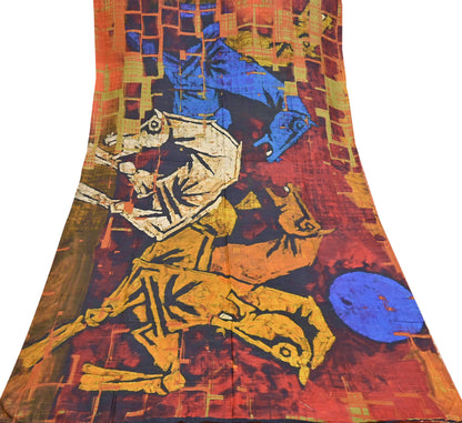 Indian Vintage Orange Saree Pure Khadi Silk Handloom Printed Sari Fabric 5yd Ethnic Wear Sari Floral Designs Dress making Crafting