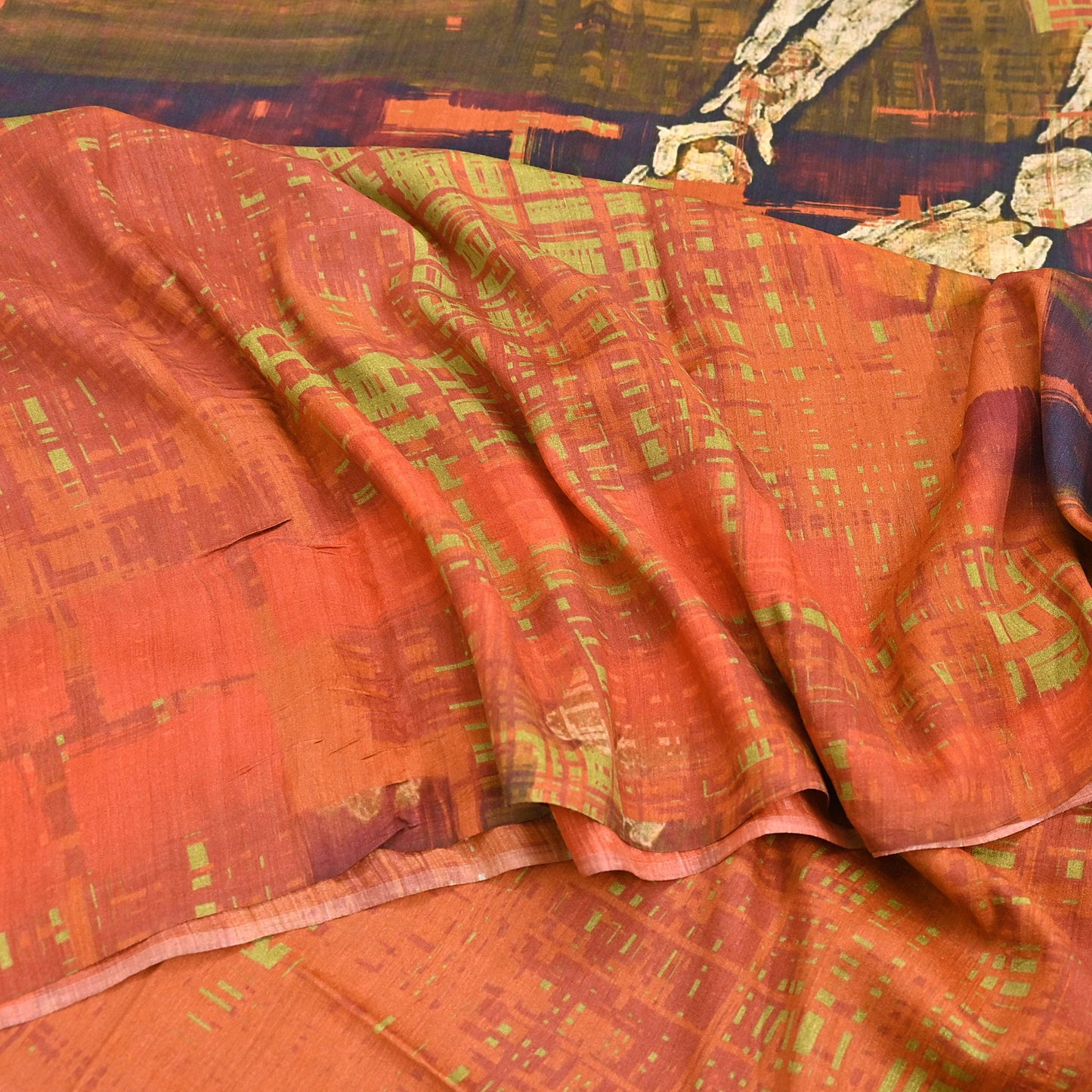 Indian Vintage Orange Saree Pure Khadi Silk Handloom Printed Sari Fabric 5yd Ethnic Wear Sari Floral Designs Dress making Crafting