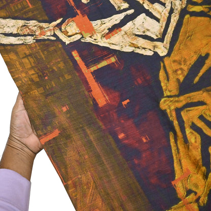 Indian Vintage Orange Saree Pure Khadi Silk Handloom Printed Sari Fabric 5yd Ethnic Wear Sari Floral Designs Dress making Crafting