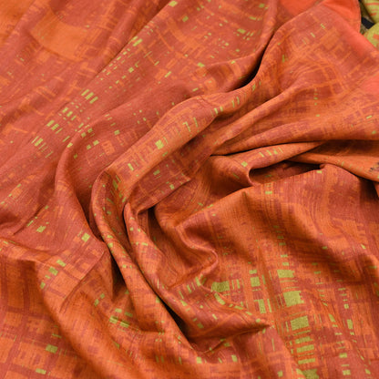 Indian Vintage Orange Saree Pure Khadi Silk Handloom Printed Sari Fabric 5yd Ethnic Wear Sari Floral Designs Dress making Crafting