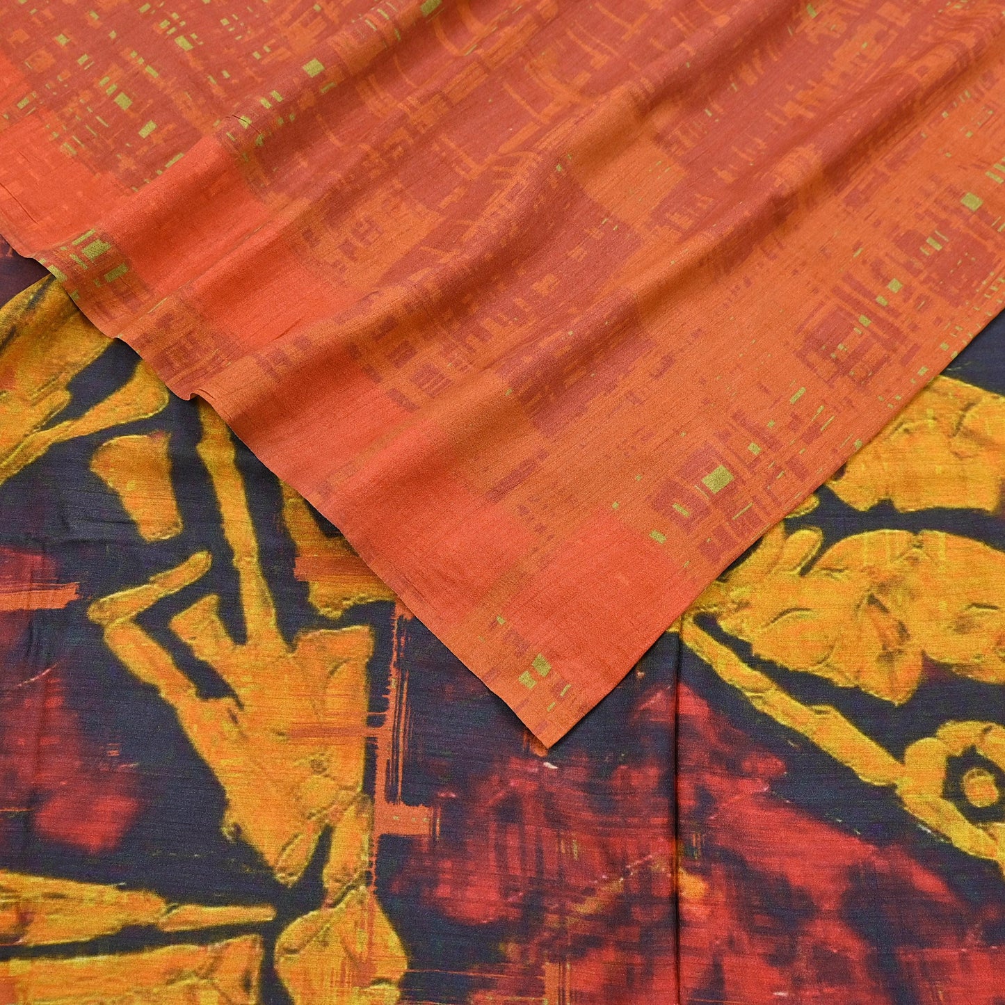 Indian Vintage Orange Saree Pure Khadi Silk Handloom Printed Sari Fabric 5yd Ethnic Wear Sari Floral Designs Dress making Crafting