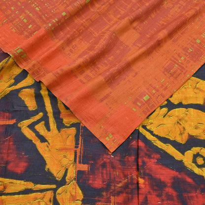 Indian Vintage Orange Saree Pure Khadi Silk Handloom Printed Sari Fabric 5yd Ethnic Wear Sari Floral Designs Dress making Crafting