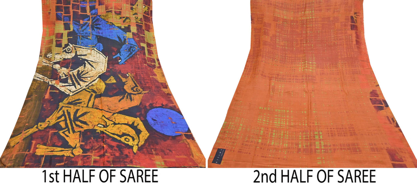 Indian Vintage Orange Saree Pure Khadi Silk Handloom Printed Sari Fabric 5yd Ethnic Wear Sari Floral Designs Dress making Crafting