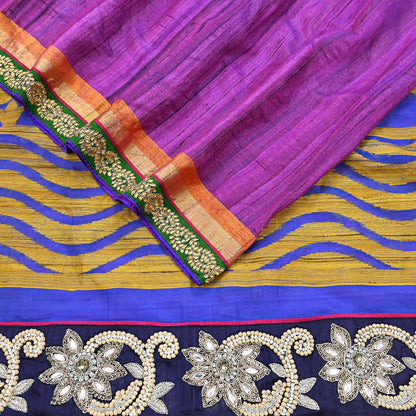 Indian Vintage Purple Saree Pure Khadi Silk Handloom Hand Embroidered Sari Craft Fabric 5yd Ethnic Fringes Dress making Crafting Quilting