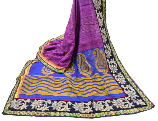 Indian Vintage Purple Saree Pure Khadi Silk Handloom Hand Embroidered Sari Craft Fabric 5yd Ethnic Fringes Dress making Crafting Quilting