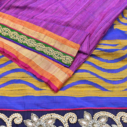 Indian Vintage Purple Saree Pure Khadi Silk Handloom Hand Embroidered Sari Craft Fabric 5yd Ethnic Fringes Dress making Crafting Quilting