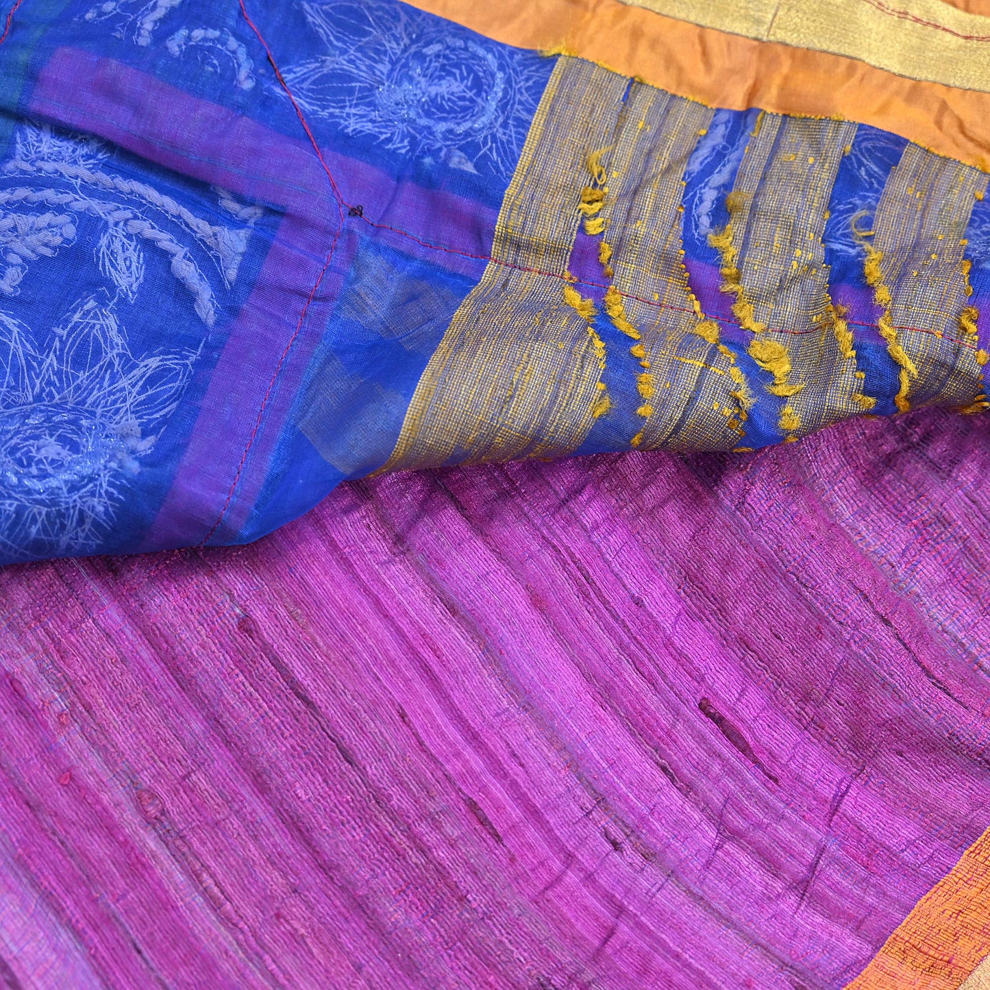 Indian Vintage Purple Saree Pure Khadi Silk Handloom Hand Embroidered Sari Craft Fabric 5yd Ethnic Fringes Dress making Crafting Quilting