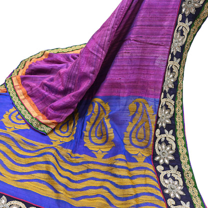 Indian Vintage Purple Saree Pure Khadi Silk Handloom Hand Embroidered Sari Craft Fabric 5yd Ethnic Fringes Dress making Crafting Quilting