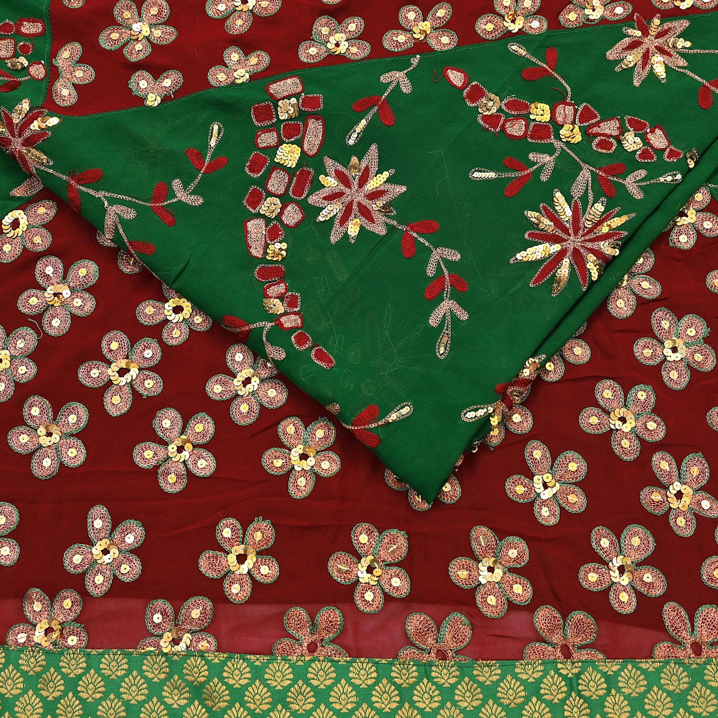 Indian Vintage Heavy Sarees Green & Red Pure Georgette Silk Hand Embroidered Sari Fabric 6Yd Sewing Ethnic Zardozi zari Wedding sarees