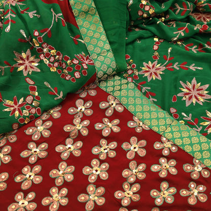 Indian Vintage Heavy Sarees Green & Red Pure Georgette Silk Hand Embroidered Sari Fabric 6Yd Sewing Ethnic Zardozi zari Wedding sarees