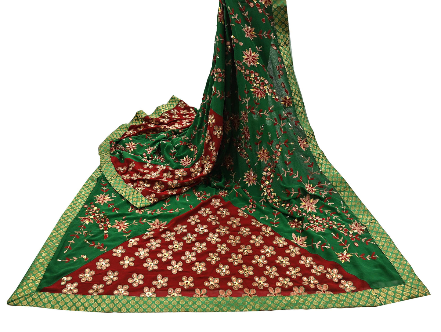 Indian Vintage Heavy Sarees Green & Red Pure Georgette Silk Hand Embroidered Sari Fabric 6Yd Sewing Ethnic Zardozi zari Wedding sarees