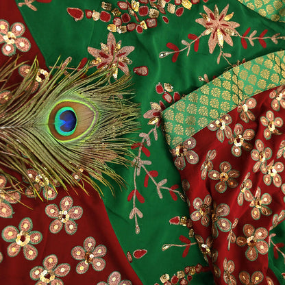 Indian Vintage Heavy Sarees Green & Red Pure Georgette Silk Hand Embroidered Sari Fabric 6Yd Sewing Ethnic Zardozi zari Wedding sarees