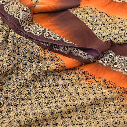 Indian Vintage Sari Beige & Brown Pure Crepe Silk Hand Embroidered Sarees 5yd Sewing Floral Craft Sequins Dress making Crafting Quilting