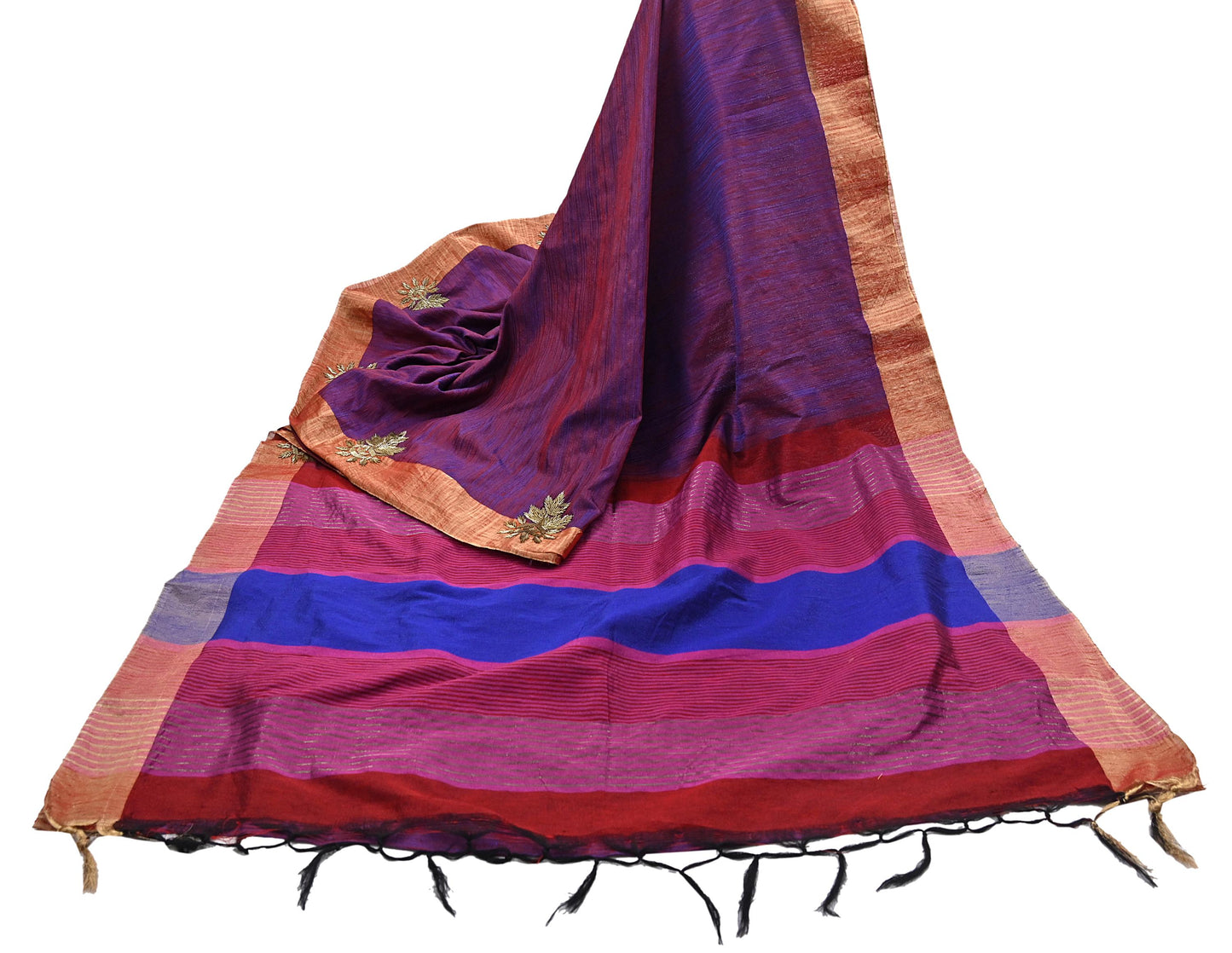 Indian Vintage Blue & Purple Saree Khadi Handloom Hand Embroidered Sari Craft Fabric 6yd Ethnic Fringes Dress making with blouse