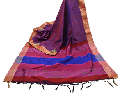 Indian Vintage Blue & Purple Saree Khadi Handloom Hand Embroidered Sari Craft Fabric 6yd Ethnic Fringes Dress making with blouse