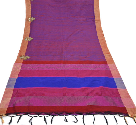 Indian Vintage Blue & Purple Saree Khadi Handloom Hand Embroidered Sari Craft Fabric 6yd Ethnic Fringes Dress making with blouse