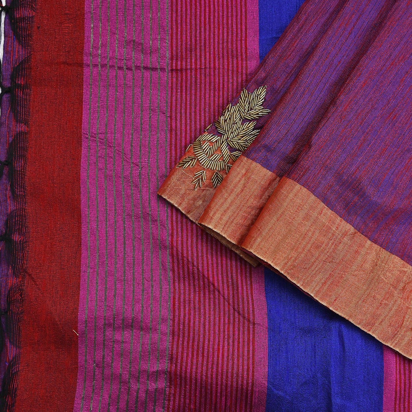 Indian Vintage Blue & Purple Saree Khadi Handloom Hand Embroidered Sari Craft Fabric 6yd Ethnic Fringes Dress making with blouse