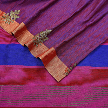Indian Vintage Blue & Purple Saree Khadi Handloom Hand Embroidered Sari Craft Fabric 6yd Ethnic Fringes Dress making with blouse