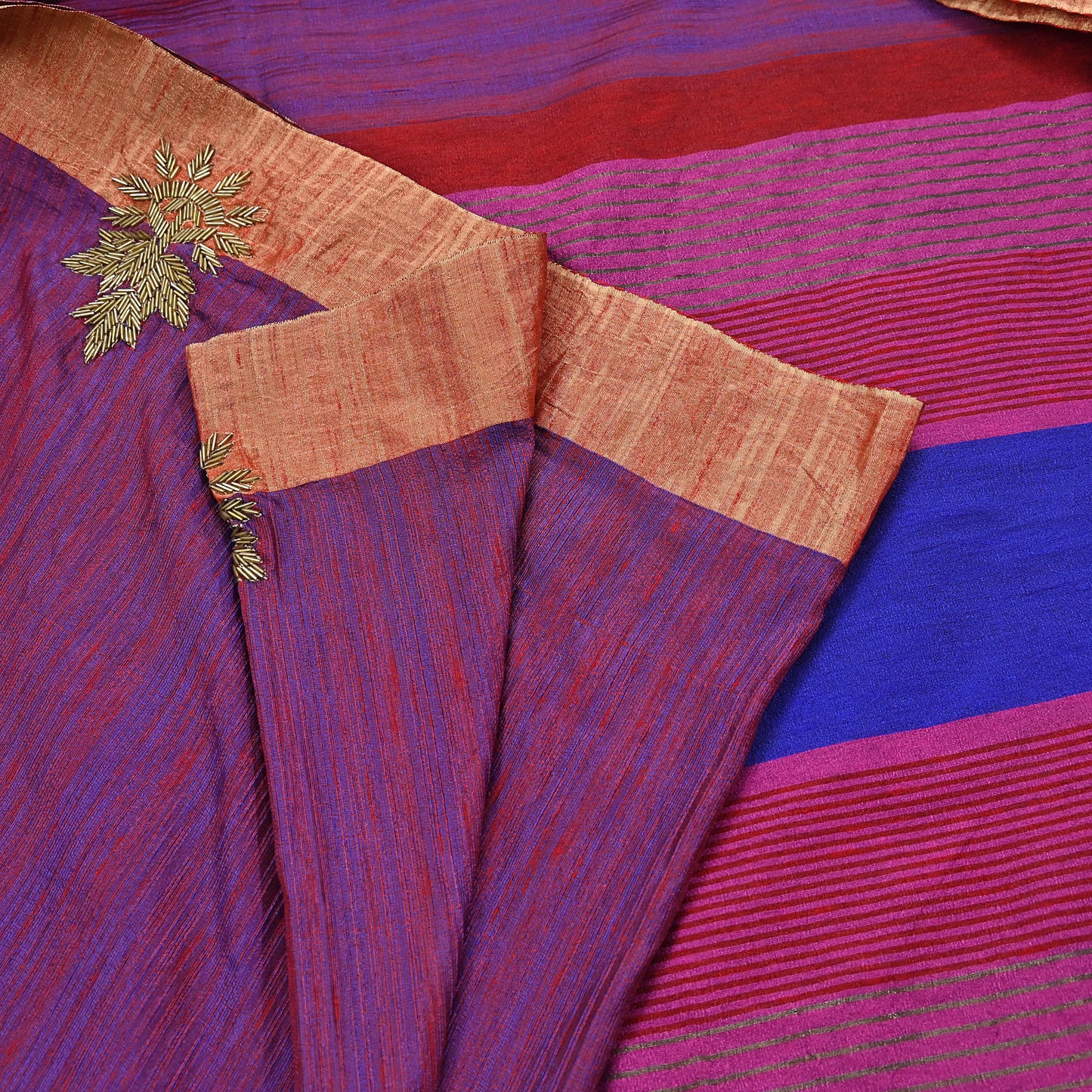 Indian Vintage Blue & Purple Saree Khadi Handloom Hand Embroidered Sari Craft Fabric 6yd Ethnic Fringes Dress making with blouse
