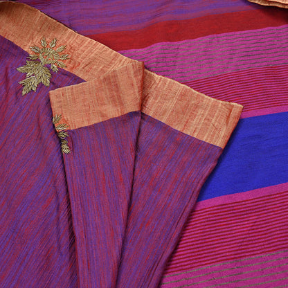 Indian Vintage Blue & Purple Saree Khadi Handloom Hand Embroidered Sari Craft Fabric 6yd Ethnic Fringes Dress making with blouse